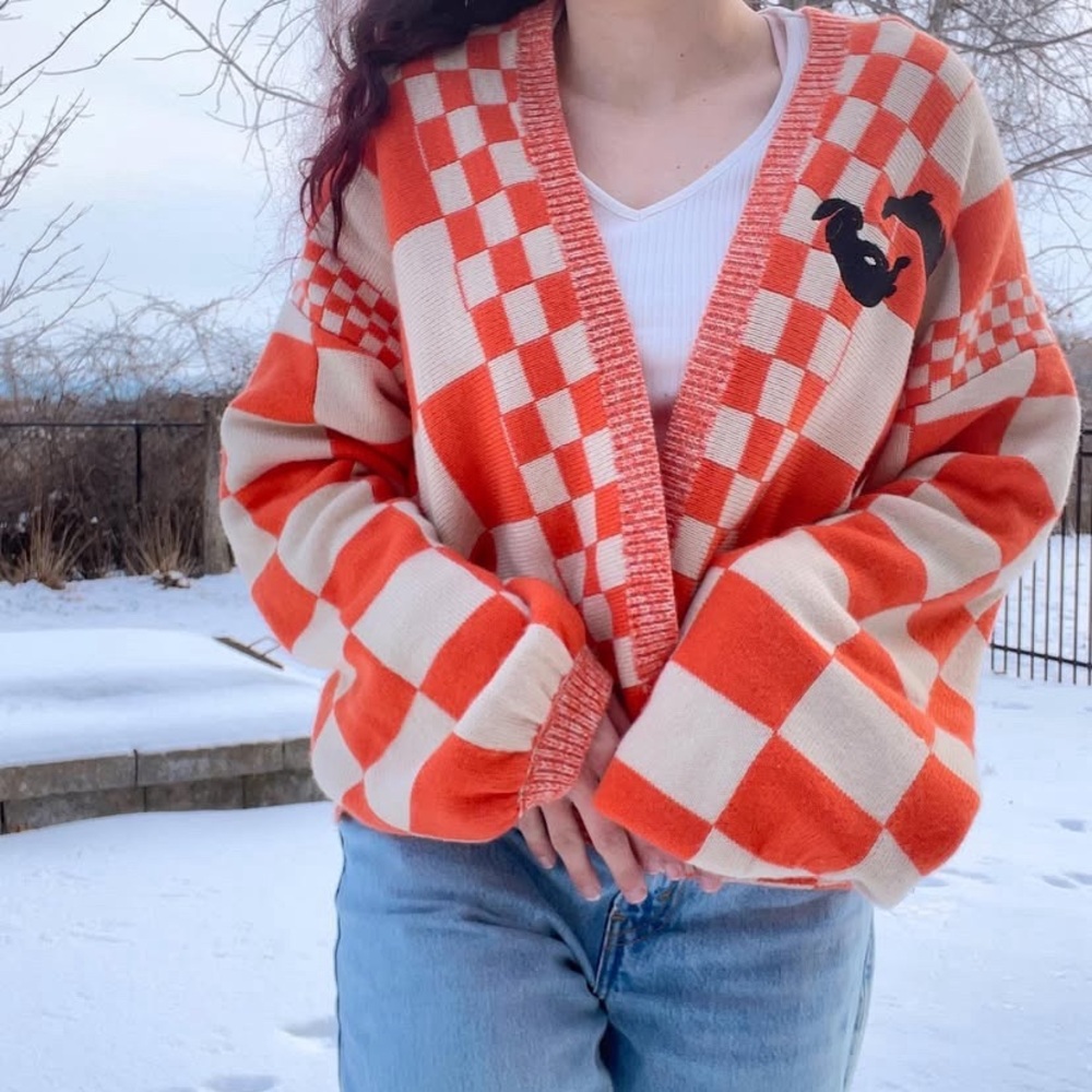 Orange and White Checkered Cardigan